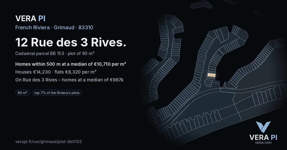 12 Rue des 3 Rives, Grimaud at night – the plot lit, the parcels around coloured by the prices near them