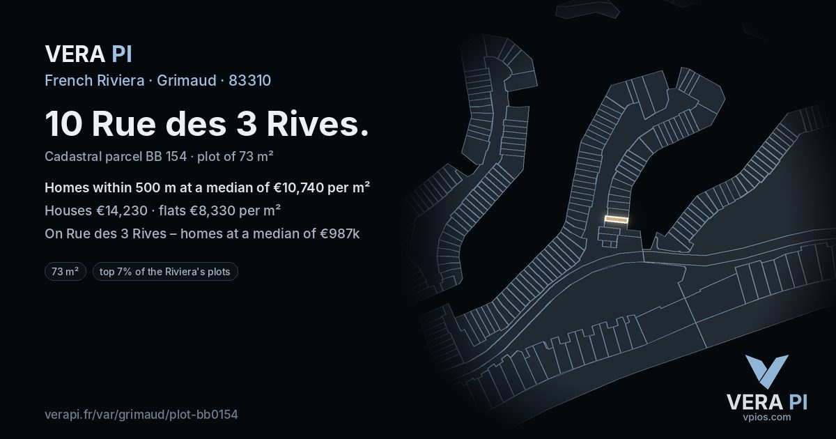10 Rue des 3 Rives, Grimaud at night – the plot lit, the parcels around coloured by the prices near them
