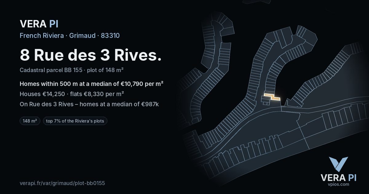 8 Rue des 3 Rives, Grimaud at night – the plot lit, the parcels around coloured by the prices near them