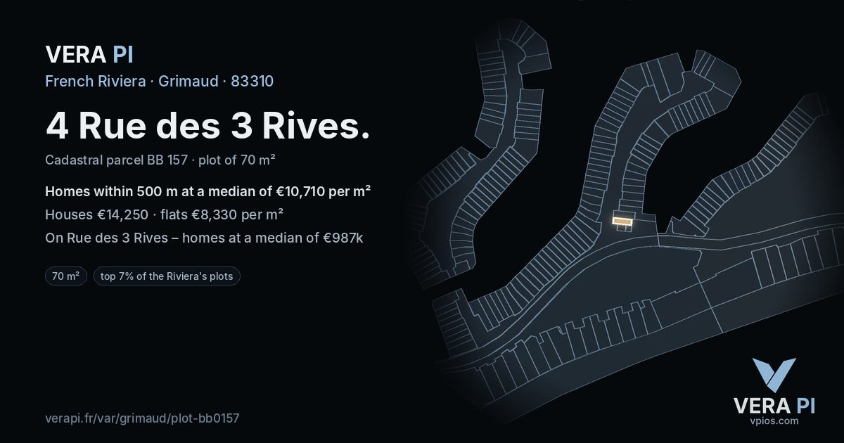 4 Rue des 3 Rives, Grimaud at night – the plot lit, the parcels around coloured by the prices near them