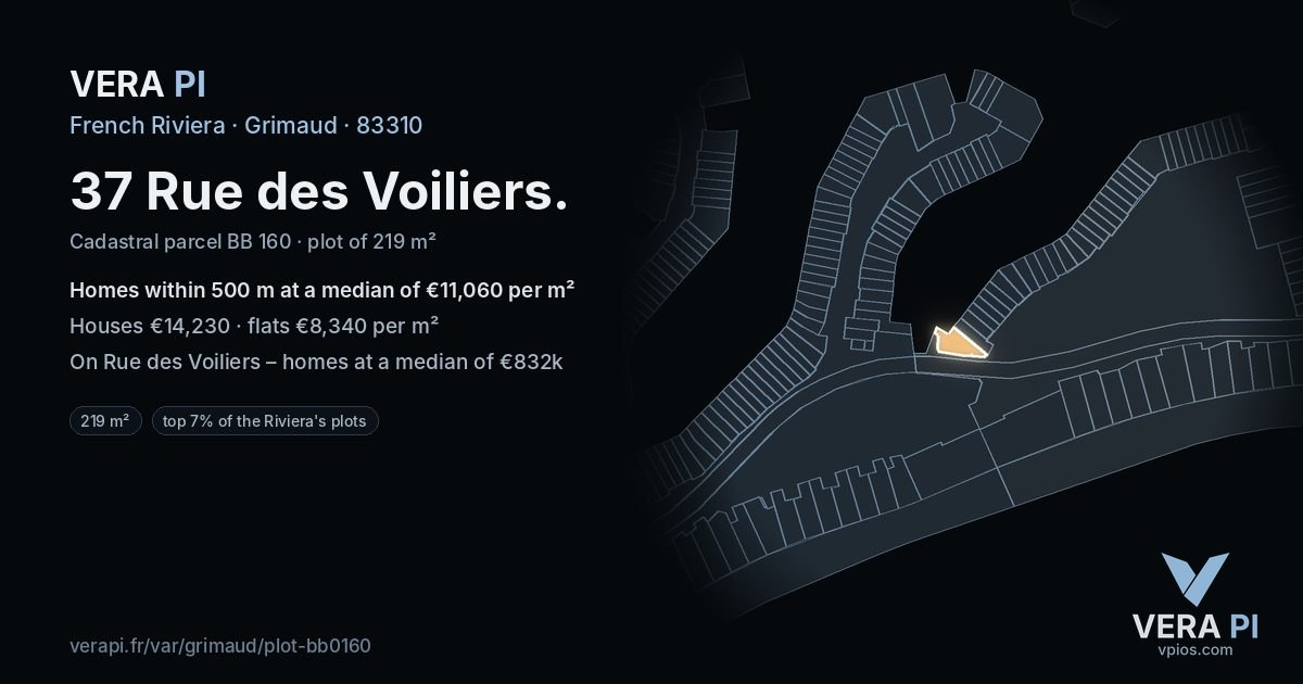 37 Rue des Voiliers, Grimaud at night – the plot lit, the parcels around coloured by the prices near them