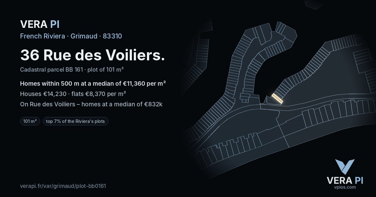 36 Rue des Voiliers, Grimaud at night – the plot lit, the parcels around coloured by the prices near them