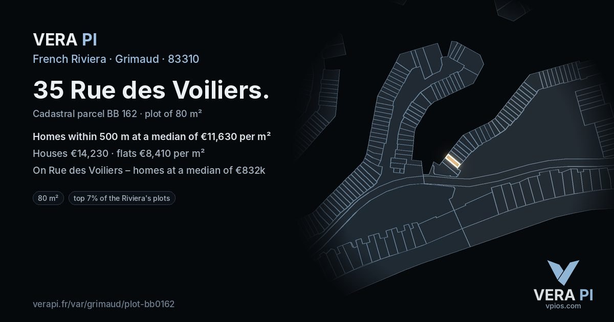 35 Rue des Voiliers, Grimaud at night – the plot lit, the parcels around coloured by the prices near them