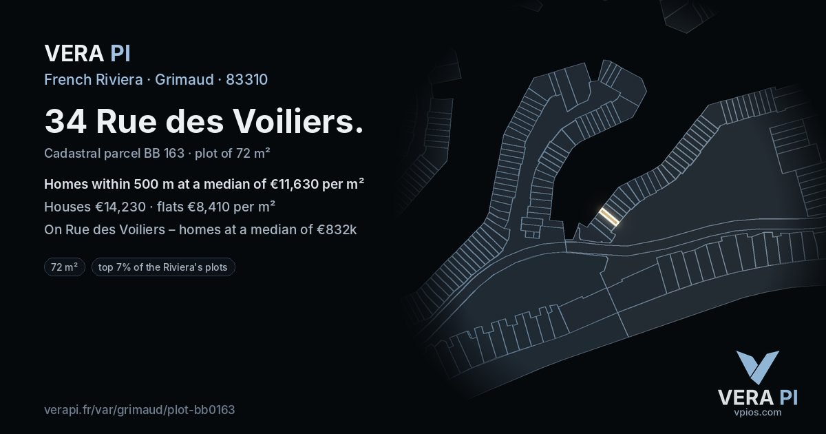 34 Rue des Voiliers, Grimaud at night – the plot lit, the parcels around coloured by the prices near them