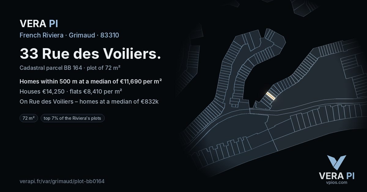 33 Rue des Voiliers, Grimaud at night – the plot lit, the parcels around coloured by the prices near them