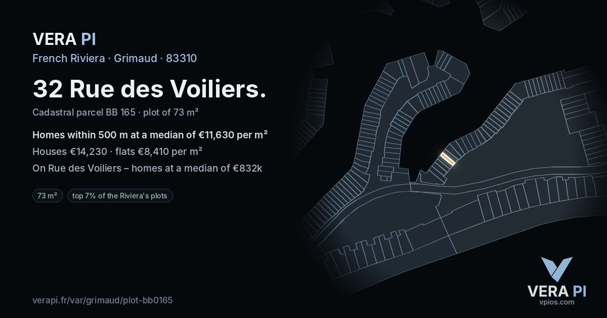 32 Rue des Voiliers, Grimaud at night – the plot lit, the parcels around coloured by the prices near them