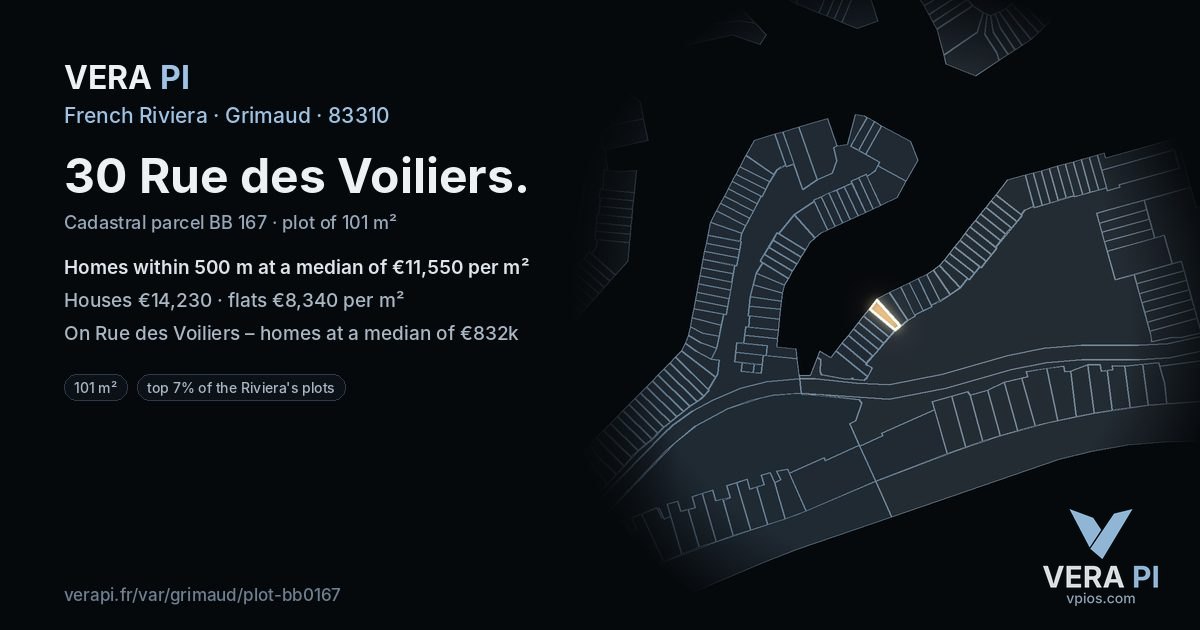 30 Rue des Voiliers, Grimaud at night – the plot lit, the parcels around coloured by the prices near them