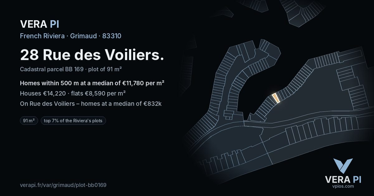 28 Rue des Voiliers, Grimaud at night – the plot lit, the parcels around coloured by the prices near them