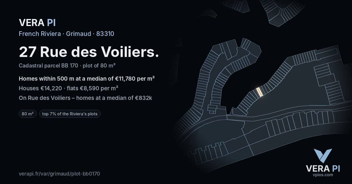 27 Rue des Voiliers, Grimaud at night – the plot lit, the parcels around coloured by the prices near them