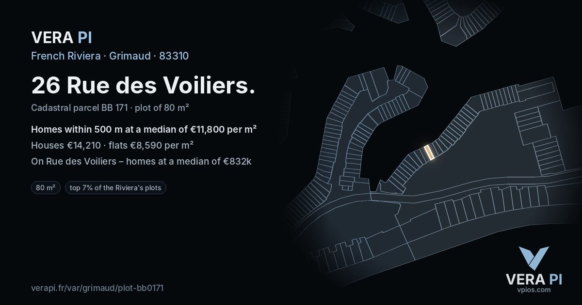 26 Rue des Voiliers, Grimaud at night – the plot lit, the parcels around coloured by the prices near them