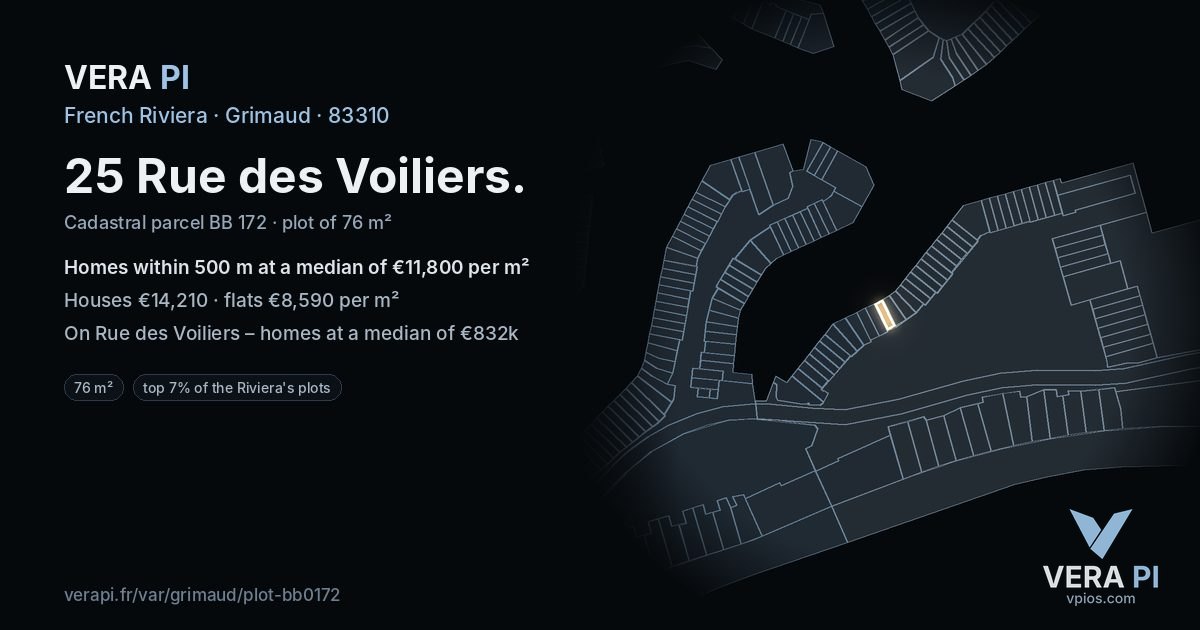 25 Rue des Voiliers, Grimaud at night – the plot lit, the parcels around coloured by the prices near them