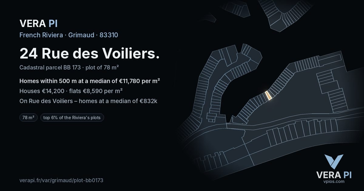 24 Rue des Voiliers, Grimaud at night – the plot lit, the parcels around coloured by the prices near them