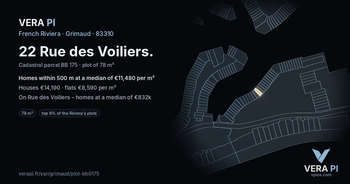 22 Rue des Voiliers, Grimaud at night – the plot lit, the parcels around coloured by the prices near them