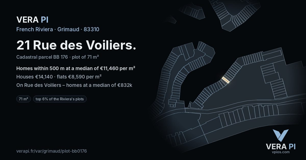21 Rue des Voiliers, Grimaud at night – the plot lit, the parcels around coloured by the prices near them