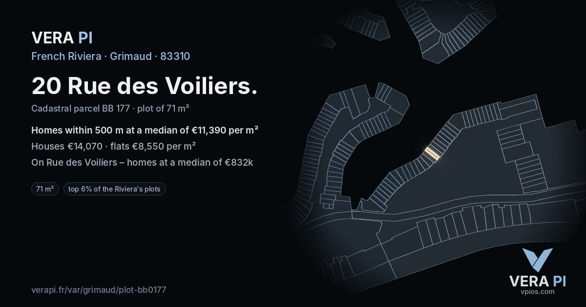 20 Rue des Voiliers, Grimaud at night – the plot lit, the parcels around coloured by the prices near them
