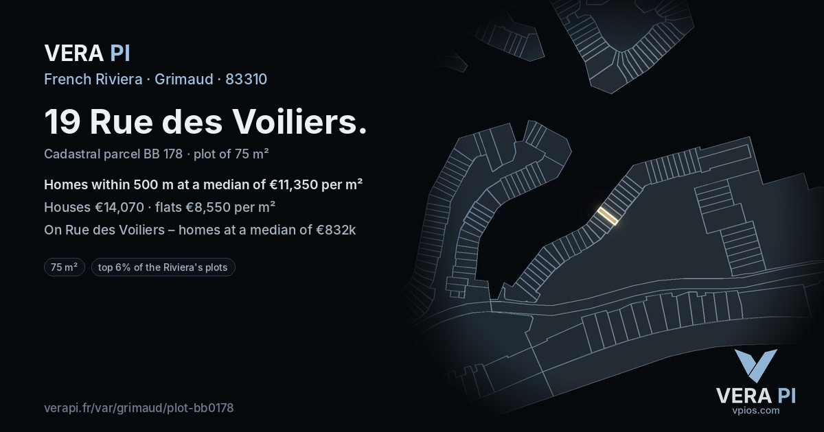 19 Rue des Voiliers, Grimaud at night – the plot lit, the parcels around coloured by the prices near them
