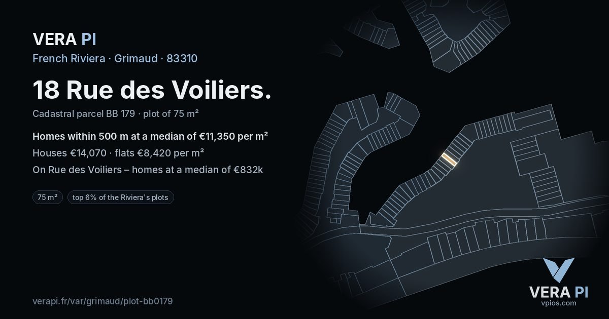 18 Rue des Voiliers, Grimaud at night – the plot lit, the parcels around coloured by the prices near them