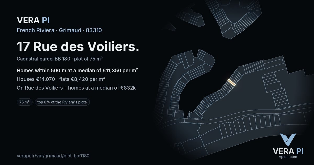 17 Rue des Voiliers, Grimaud at night – the plot lit, the parcels around coloured by the prices near them