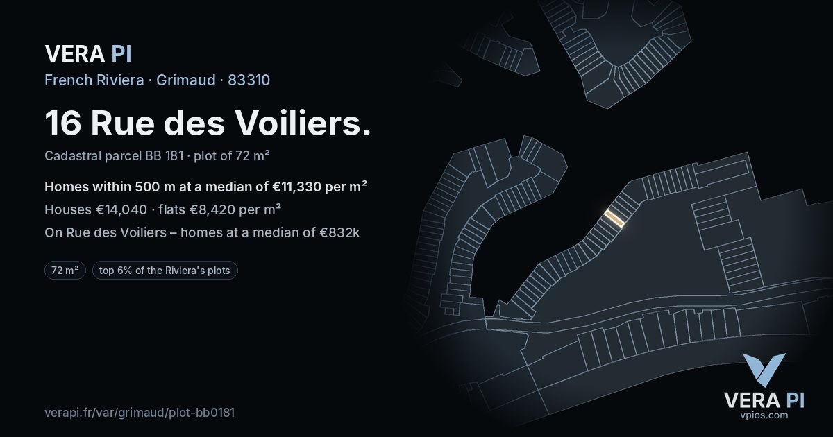16 Rue des Voiliers, Grimaud at night – the plot lit, the parcels around coloured by the prices near them