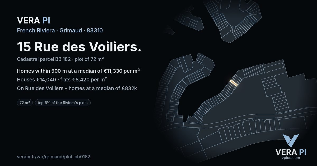 15 Rue des Voiliers, Grimaud at night – the plot lit, the parcels around coloured by the prices near them