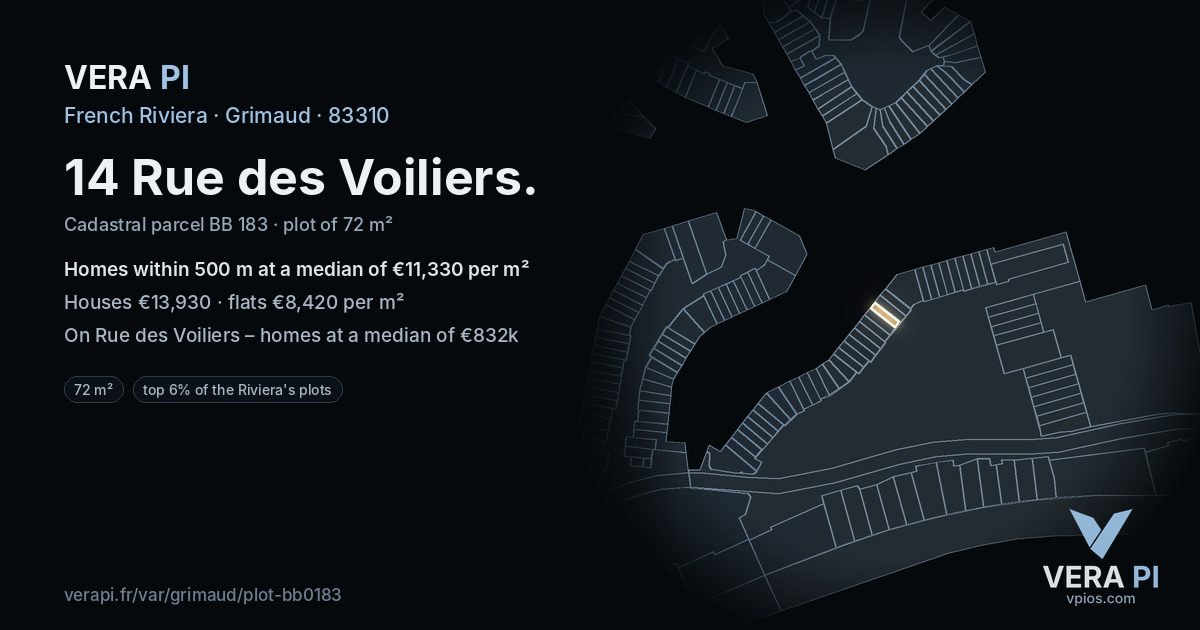 14 Rue des Voiliers, Grimaud at night – the plot lit, the parcels around coloured by the prices near them