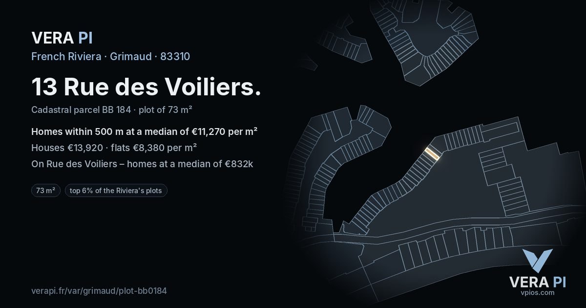 13 Rue des Voiliers, Grimaud at night – the plot lit, the parcels around coloured by the prices near them