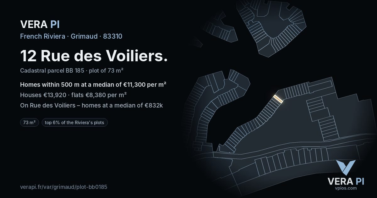 12 Rue des Voiliers, Grimaud at night – the plot lit, the parcels around coloured by the prices near them
