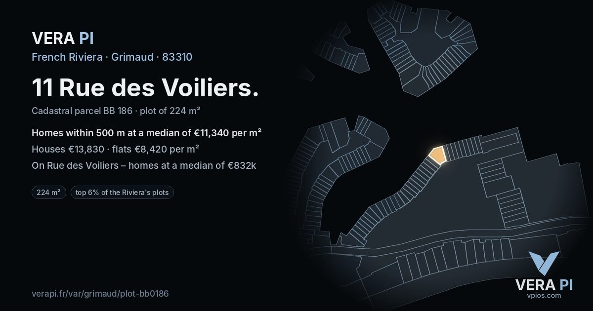 11 Rue des Voiliers, Grimaud at night – the plot lit, the parcels around coloured by the prices near them