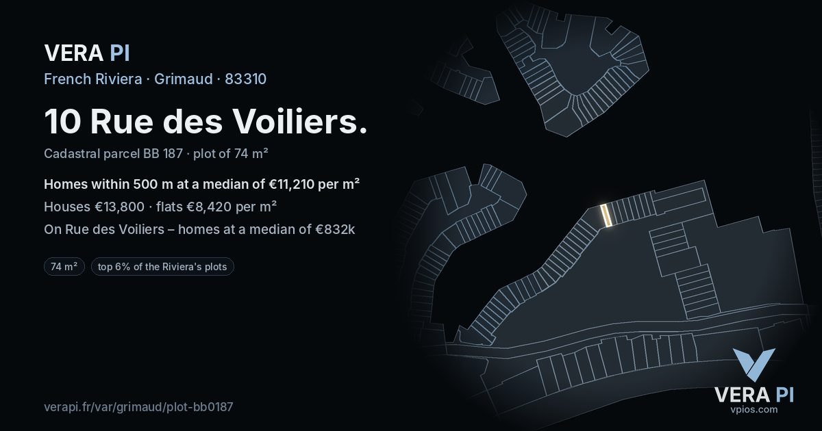 10 Rue des Voiliers, Grimaud at night – the plot lit, the parcels around coloured by the prices near them