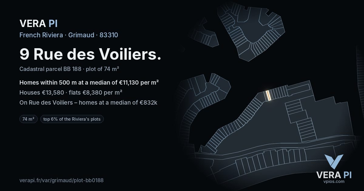 9 Rue des Voiliers, Grimaud at night – the plot lit, the parcels around coloured by the prices near them