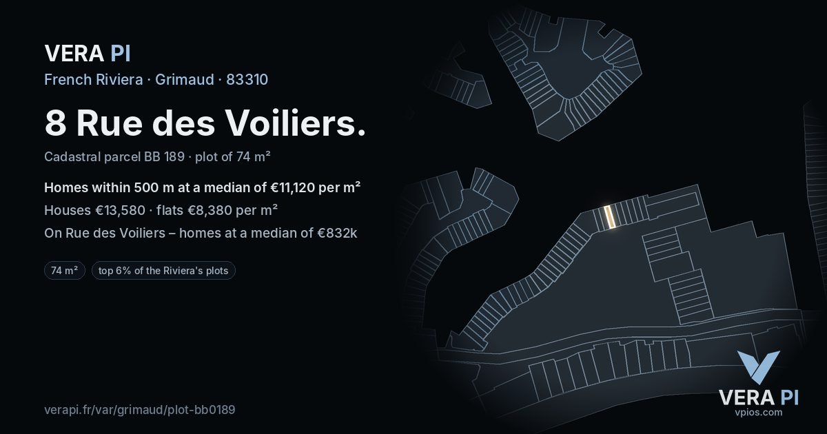 8 Rue des Voiliers, Grimaud at night – the plot lit, the parcels around coloured by the prices near them