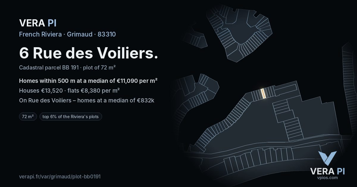 6 Rue des Voiliers, Grimaud at night – the plot lit, the parcels around coloured by the prices near them