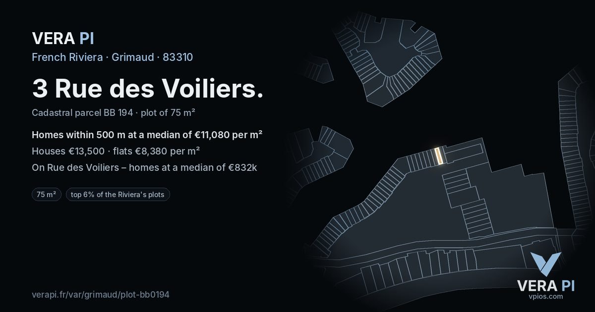 3 Rue des Voiliers, Grimaud at night – the plot lit, the parcels around coloured by the prices near them