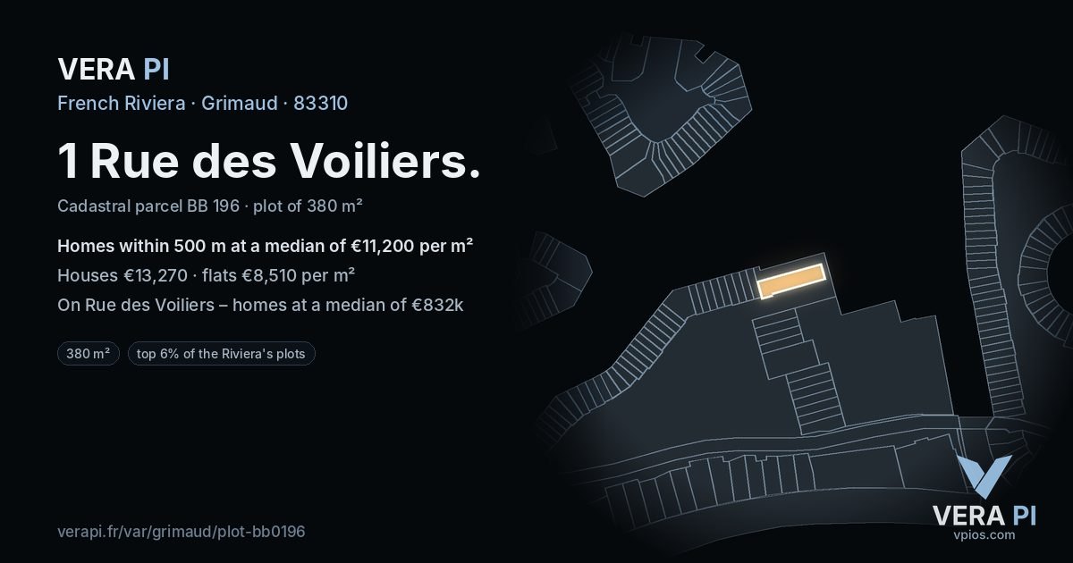 1 Rue des Voiliers, Grimaud at night – the plot lit, the parcels around coloured by the prices near them