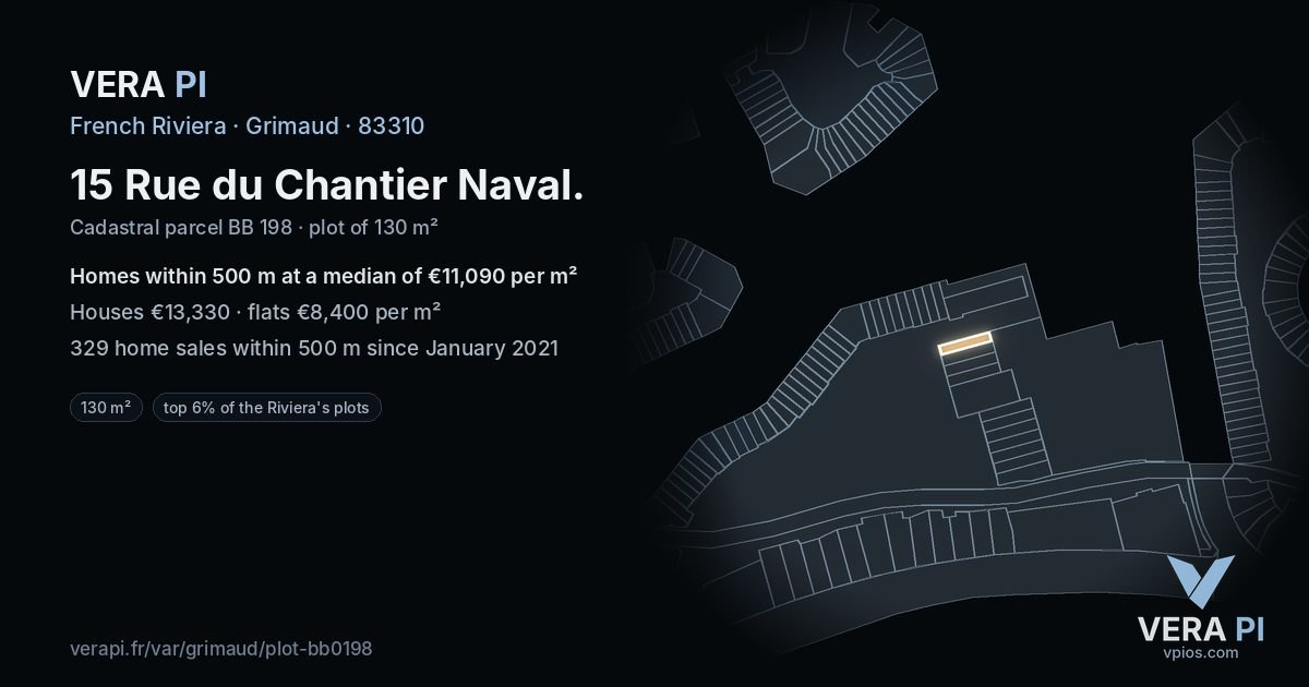 15 Rue du Chantier Naval, Grimaud at night – the plot lit, the parcels around coloured by the prices near them