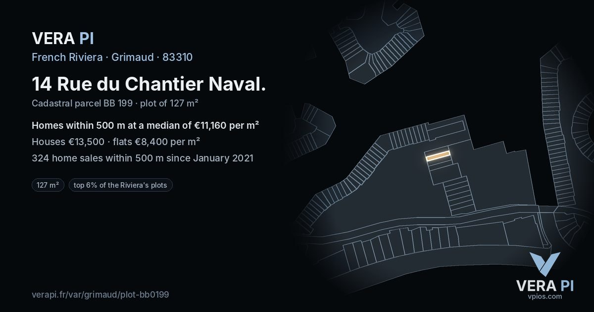 14 Rue du Chantier Naval, Grimaud at night – the plot lit, the parcels around coloured by the prices near them