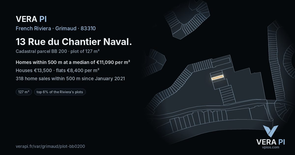 13 Rue du Chantier Naval, Grimaud at night – the plot lit, the parcels around coloured by the prices near them