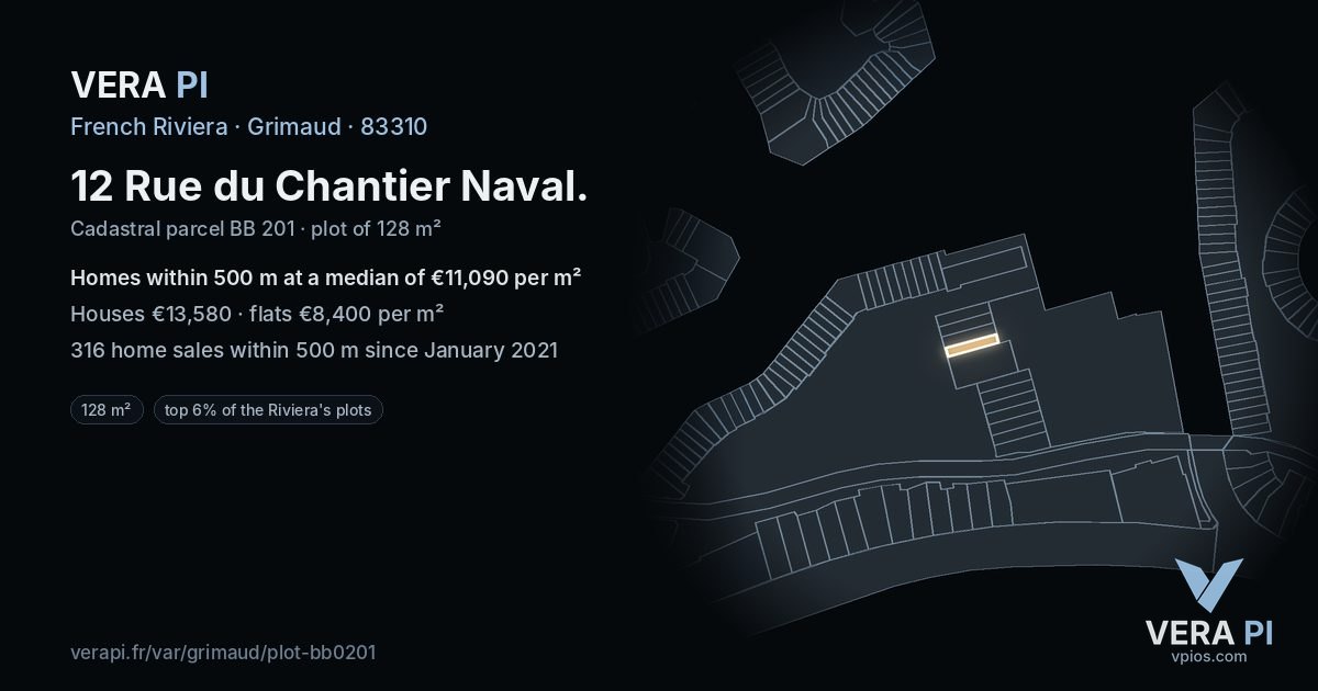 12 Rue du Chantier Naval, Grimaud at night – the plot lit, the parcels around coloured by the prices near them