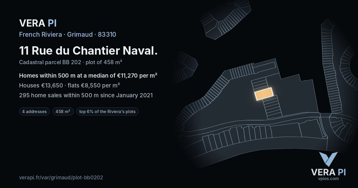 11 Rue du Chantier Naval, Grimaud at night – the plot lit, the parcels around coloured by the prices near them
