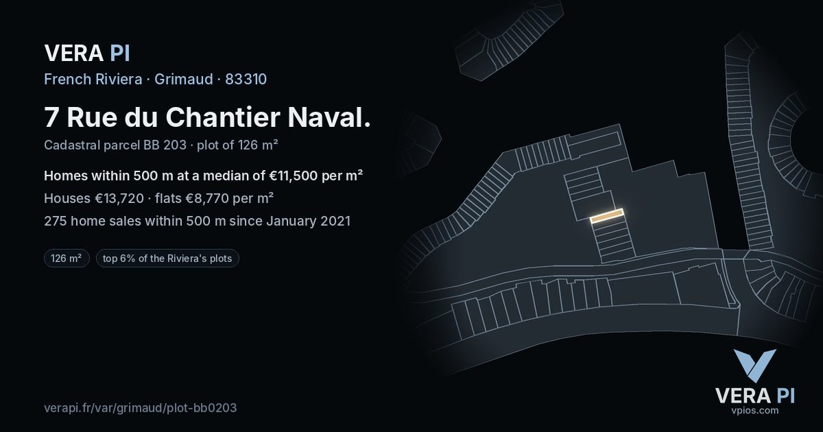 7 Rue du Chantier Naval, Grimaud at night – the plot lit, the parcels around coloured by the prices near them