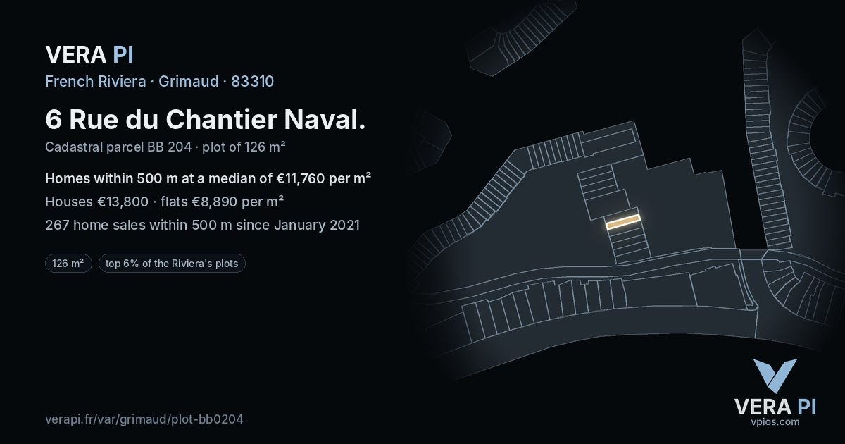 6 Rue du Chantier Naval, Grimaud at night – the plot lit, the parcels around coloured by the prices near them