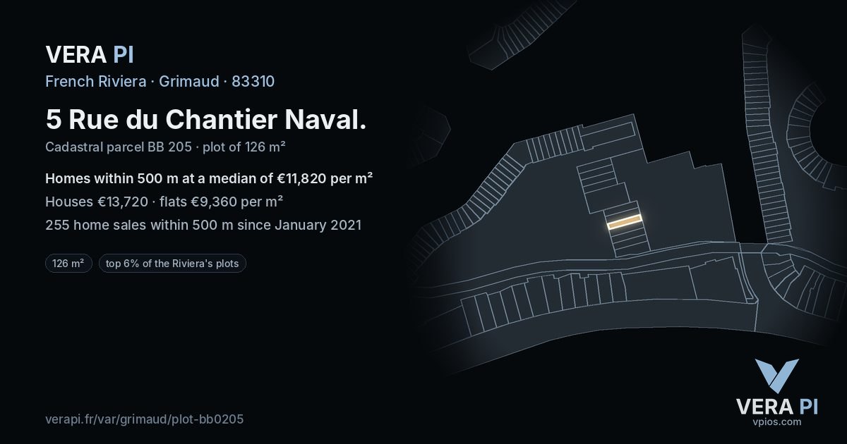 5 Rue du Chantier Naval, Grimaud at night – the plot lit, the parcels around coloured by the prices near them