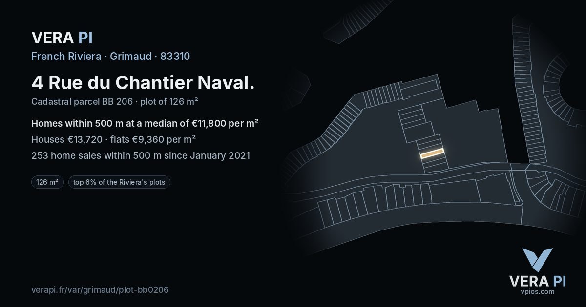 4 Rue du Chantier Naval, Grimaud at night – the plot lit, the parcels around coloured by the prices near them