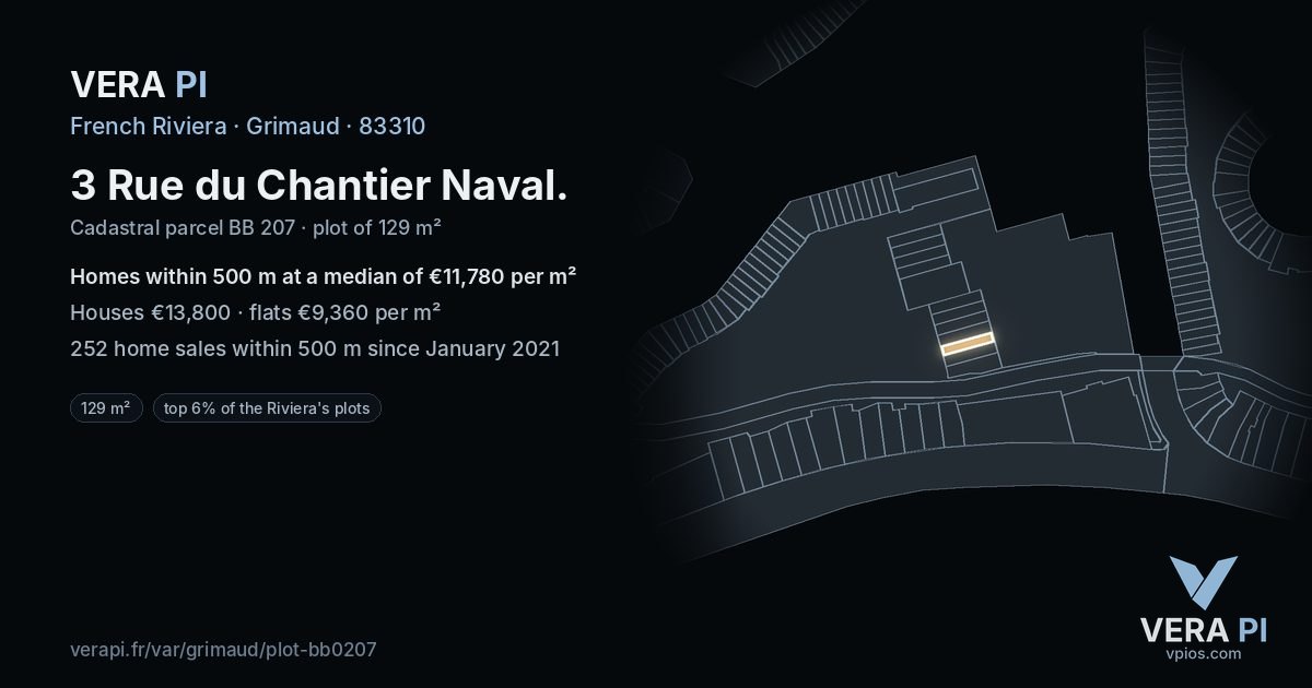 3 Rue du Chantier Naval, Grimaud at night – the plot lit, the parcels around coloured by the prices near them
