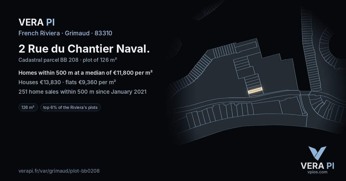 2 Rue du Chantier Naval, Grimaud at night – the plot lit, the parcels around coloured by the prices near them