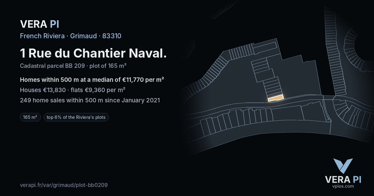 1 Rue du Chantier Naval, Grimaud at night – the plot lit, the parcels around coloured by the prices near them
