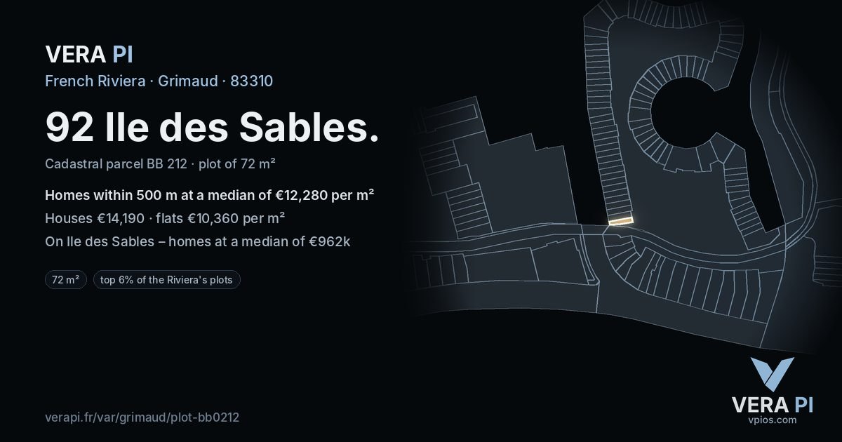 92 Ile des Sables, Grimaud at night – the plot lit, the parcels around coloured by the prices near them