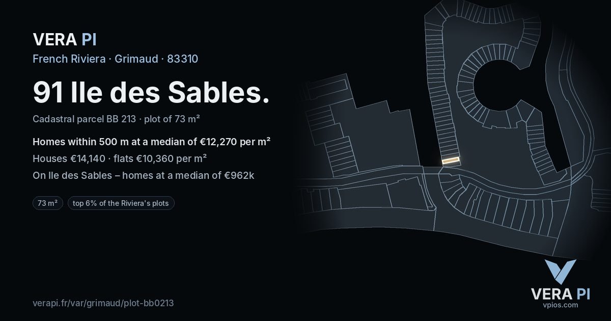 91 Ile des Sables, Grimaud at night – the plot lit, the parcels around coloured by the prices near them