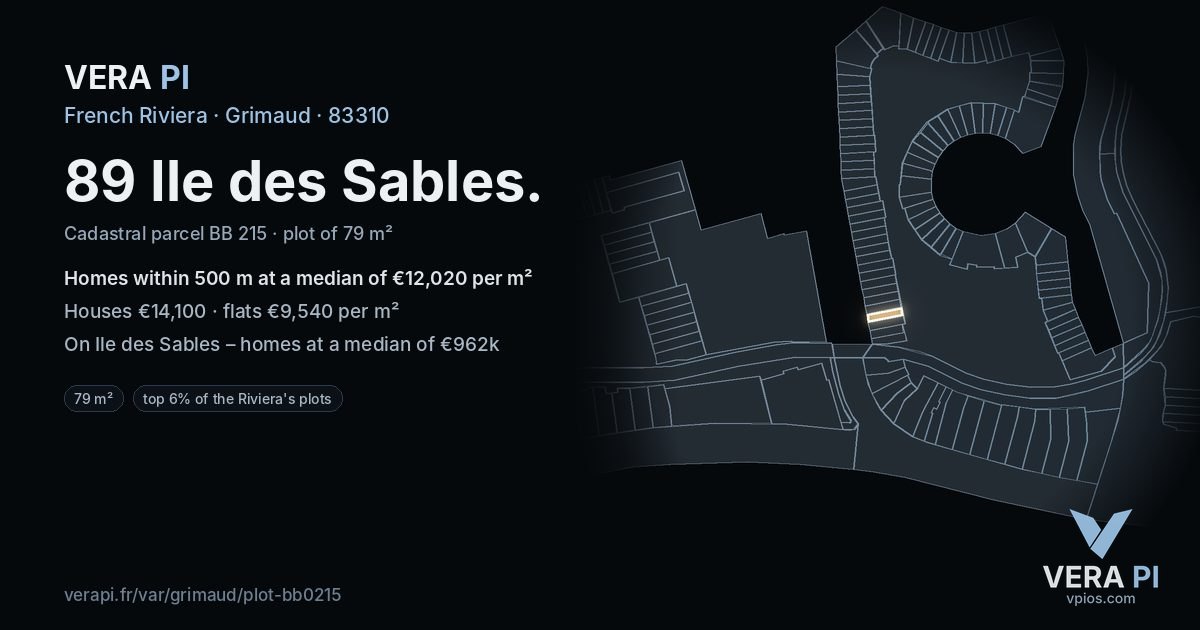89 Ile des Sables, Grimaud at night – the plot lit, the parcels around coloured by the prices near them