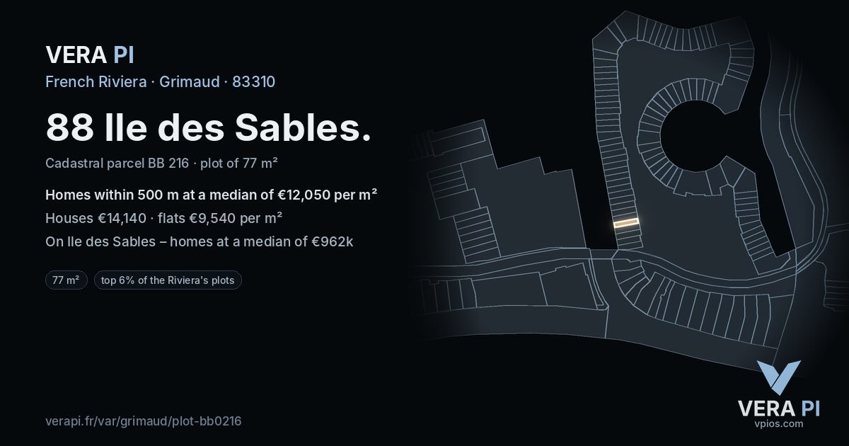 88 Ile des Sables, Grimaud at night – the plot lit, the parcels around coloured by the prices near them